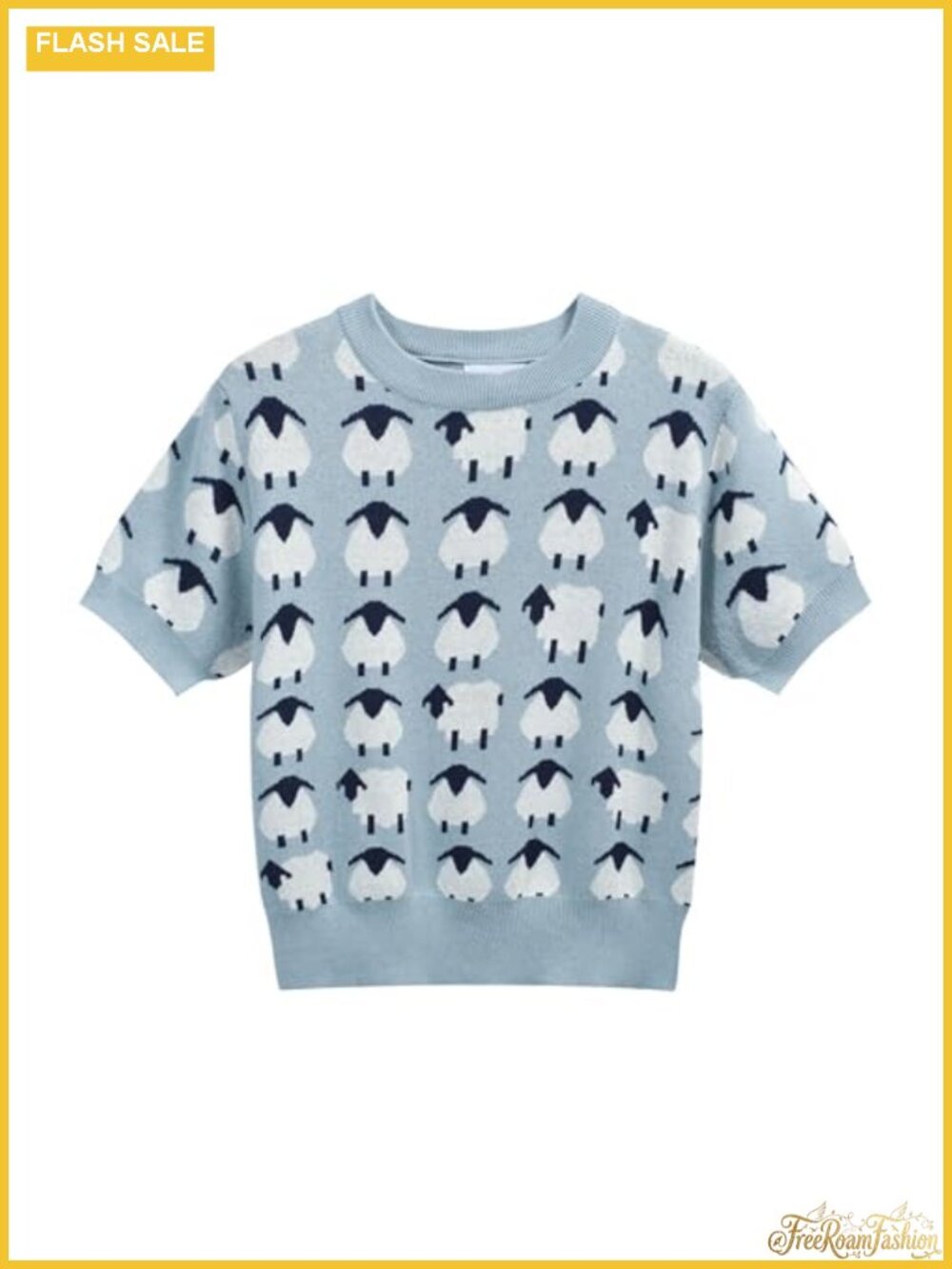 Womens 1960s Mod Knit T-Shirt Sheep Pattern Crewneck Crop Top